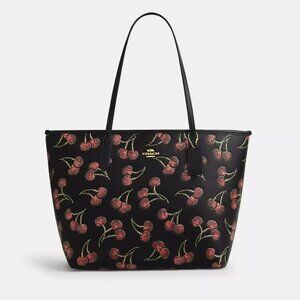 Coach CCZ18 City Tote Bag With Cherry Print In Leather Black Multi *SEALED*